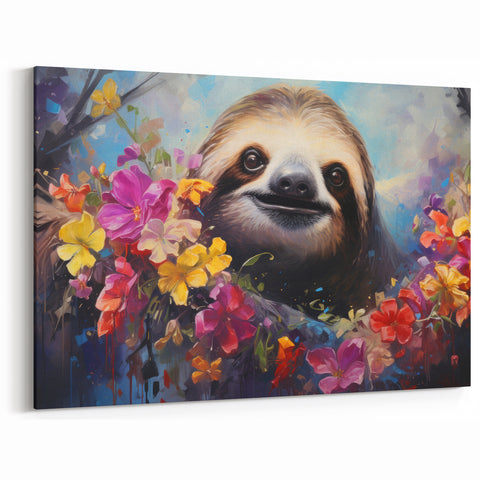 Floral Sloth Canvas Art - Vibrant Jungle Wall Decor with Flowers