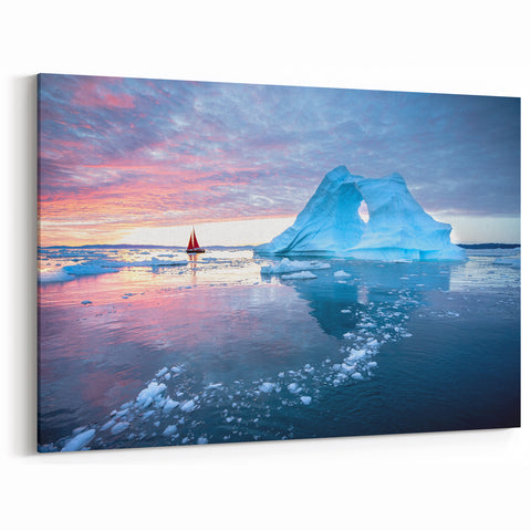 Iceberg Sunset Art - Majestic Glacier and Sailboat Photography Print