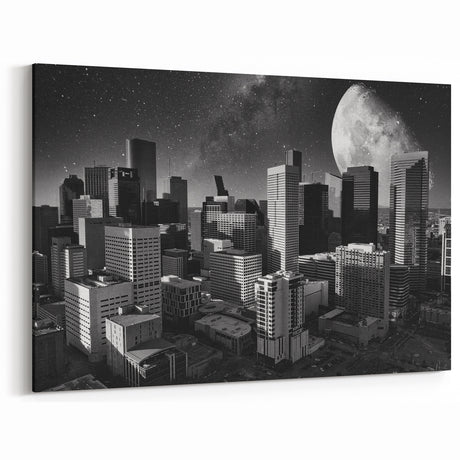 Surreal Houston Skyline Art – Moonlit Night Black and White Photography