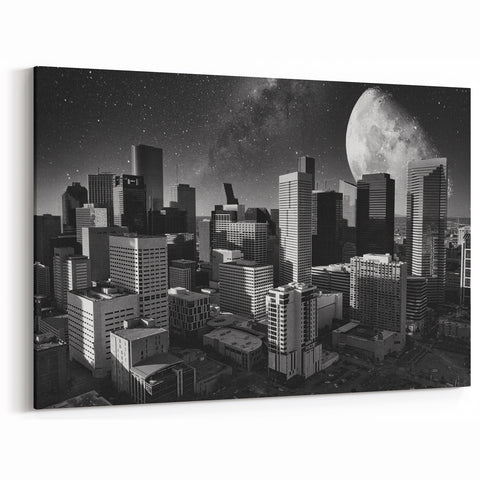 Surreal Houston Skyline Art – Moonlit Night Black and White Photography