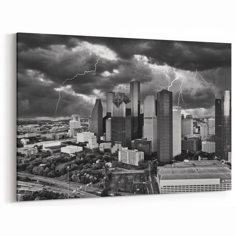 Dramatic Houston Skyline Art – Thunderstorm Black and White Photography