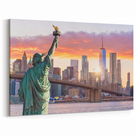 Statue of Liberty and NYC Skyline - Vibrant Sunset Canvas Print
