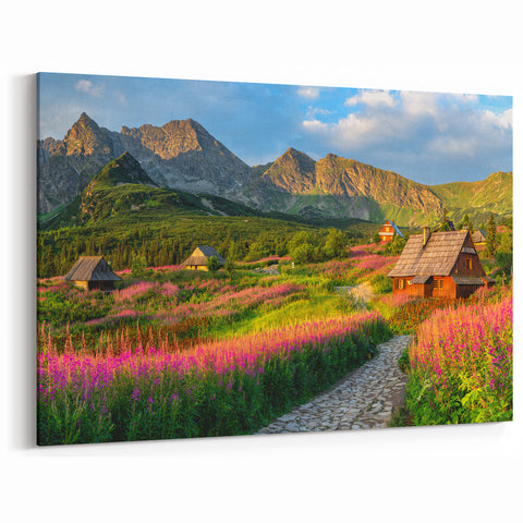 Colorful Mountain Village Wall Art - Vibrant Landscape with Wildflowers