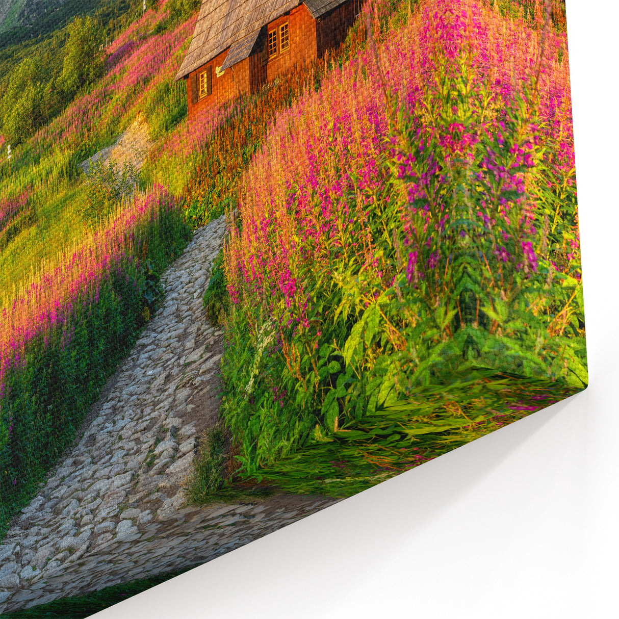 Colorful Mountain Village Wall Art - Vibrant Landscape with Wildflowers