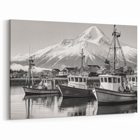Timeless Black and White Harbor Wall Art - Majestic Mountain Scenery