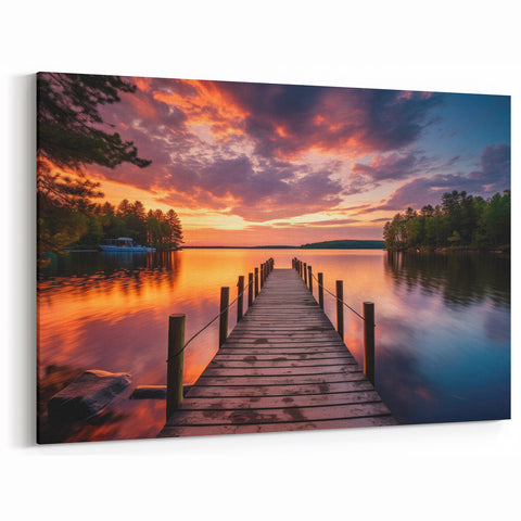 Fiery Sunset Harbor Wall Art - Stunning Lakeside View with Vibrant Skies