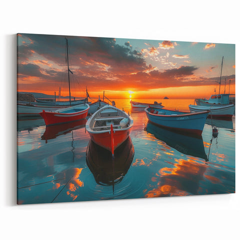 Sunset Harbor Wall Art - Vibrant Boats and Fiery Skies on Calm Waters