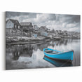 Monochrome Coastal Harbor Wall Art - Tranquil Scene with Blue Boat