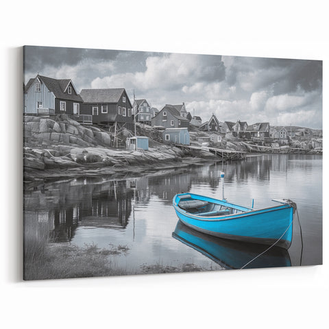 Monochrome Coastal Harbor Wall Art - Tranquil Scene with Blue Boat