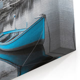 Monochrome Coastal Harbor Wall Art - Tranquil Scene with Blue Boat