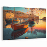 Vibrant Harbor Sunset Wall Art - Colorful Boats and Golden Reflections