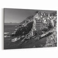 Monochrome Coastal Village Wall Art - Dramatic Cliffside Harbor Scene