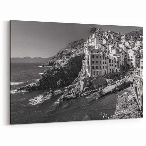 Monochrome Coastal Village Wall Art - Dramatic Cliffside Harbor Scene