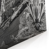 Monochrome Coastal Village Wall Art - Dramatic Cliffside Harbor Scene