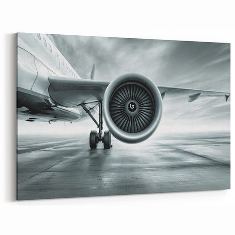 Modern Aviation Art: Jet Engine Close-Up in Sleek Monochrome Canvas Print