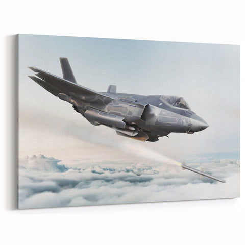 Modern Aviation Art: Stealth Fighter Jet with Missile Launch Canvas Print