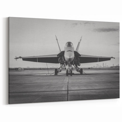 Modern Aviation Art: Fighter Jet on Runway in Monochrome Canvas Print
