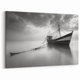 Ethereal Boat in Calm Waters Art – Black and White Harbor Photography
