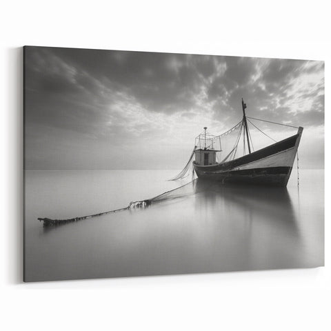 Ethereal Boat in Calm Waters Art – Black and White Harbor Photography