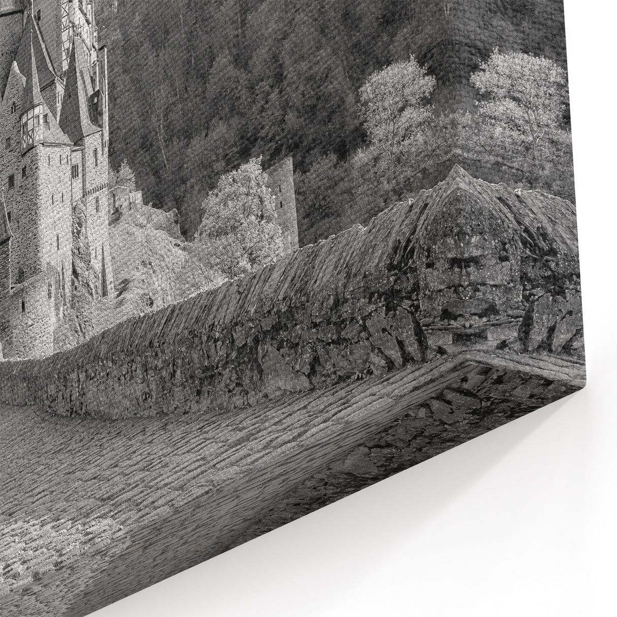 Black and White Castle Wall Art - Medieval Fortress in Scenic Forest