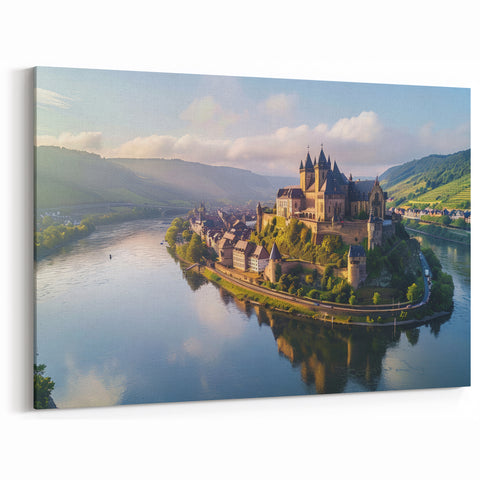 Majestic River Castle Wall Art - European Fortress in Scenic Landscape