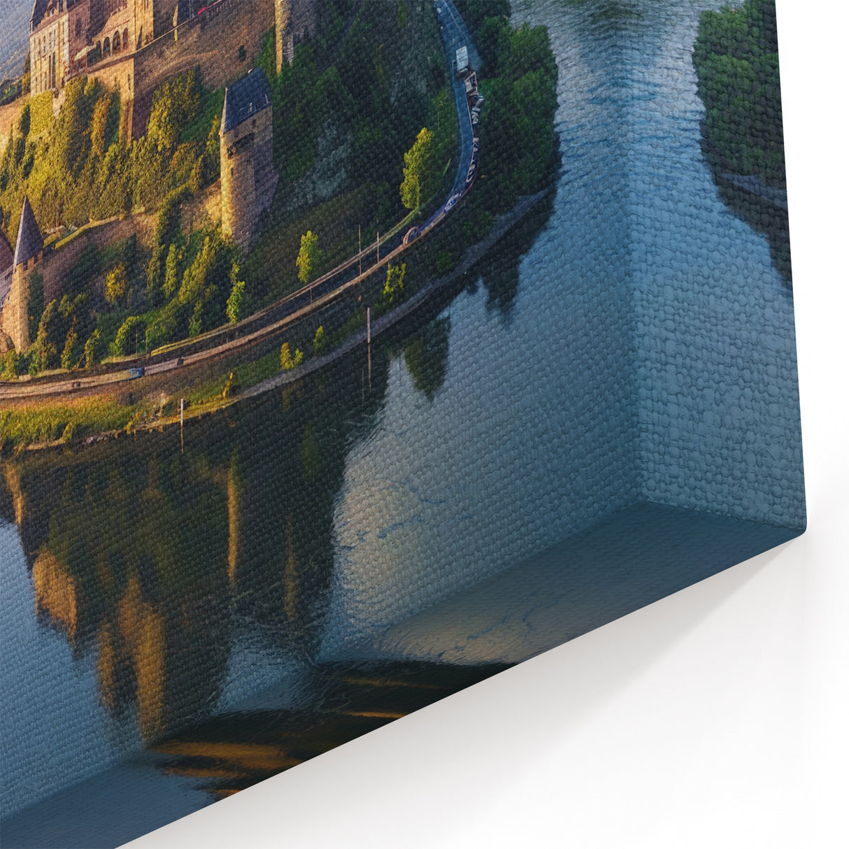 Majestic River Castle Wall Art - European Fortress in Scenic Landscape