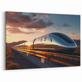 Futuristic Train Wall Art - Modern Railway at Sunset on Metallic Canvas