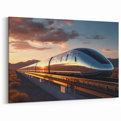 Futuristic Train Wall Art - Modern Railway at Sunset on Metallic Canvas