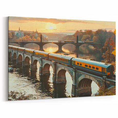 Autumn Railway Bridge Wall Art - Scenic Train in Fall Landscape Print