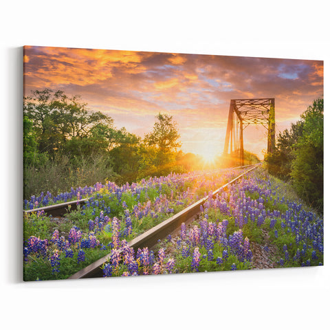 Sunset Railway Bridge Wall Art - Scenic Flowered Tracks Photography Print