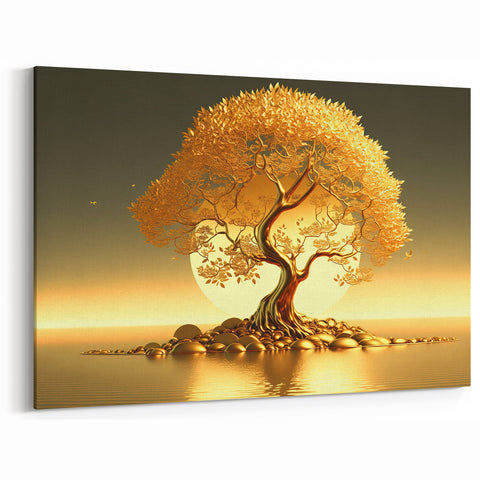 Golden Tree of Life with Sunset - Elegant Botanical Wall Art Print