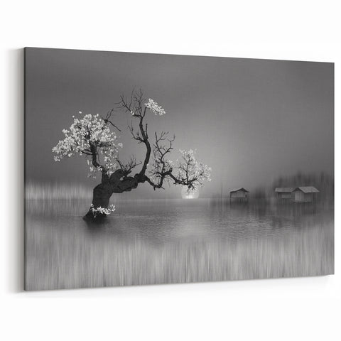 Ethereal Black and White Lake Art - Serene Tree and Water Photography