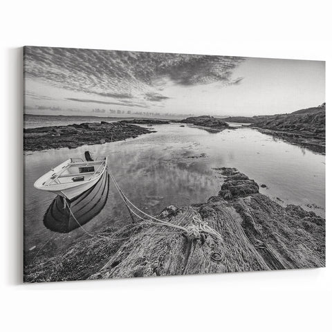 Timeless Black and White Boat Art - Serene Lakeside Photography Print