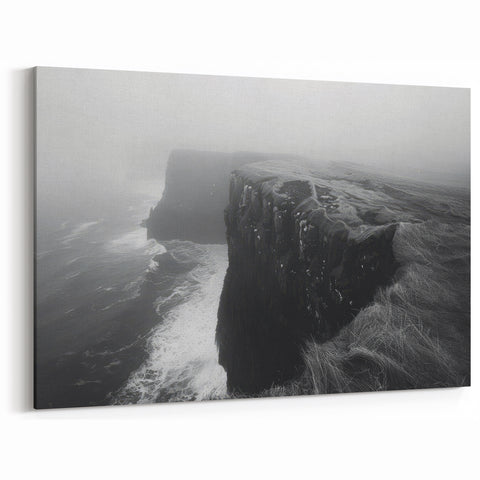 Misty Coastal Cliffs Canvas – Ethereal Black and White Landscape Art