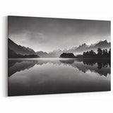 Misty Mountain Reflection - Black and White Serene Lake Photography Art