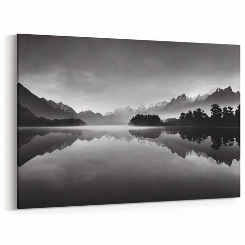 Misty Mountain Reflection - Black and White Serene Lake Photography Art