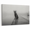 Moody Lake Photography - Black Dog on Foggy Dock, Serene Wall Art