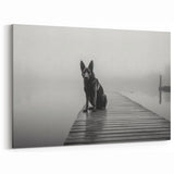Moody Lake Photography - Black Dog on Foggy Dock, Serene Wall Art