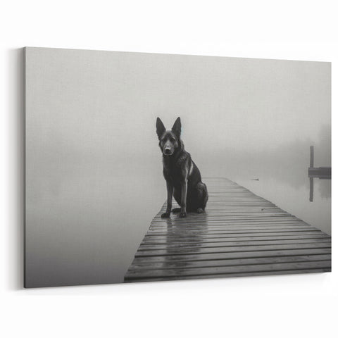 Moody Lake Photography - Black Dog on Foggy Dock, Serene Wall Art