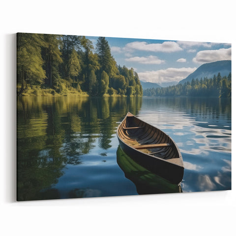 Tranquil Lake Wall Art with Wooden Boat - Serene Lakeside Print