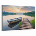 Peaceful Lake Dock Wall Art with Boat - Serene Sunset Landscape Print