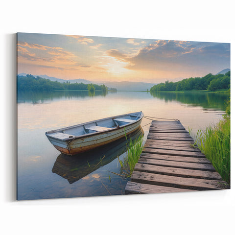 Peaceful Lake Dock Wall Art with Boat - Serene Sunset Landscape Print