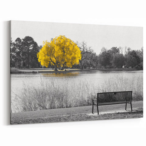 Yellow Tree by Lake Wall Art - Bold Monochrome and Color Landscape Print