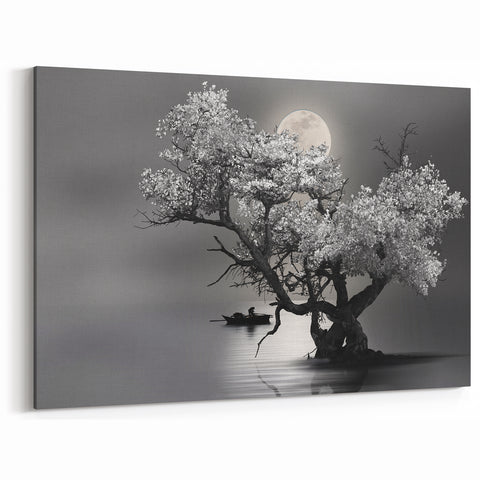 Mystical Moonlit Tree Wall Art - Elegant Black and White Landscape Print
