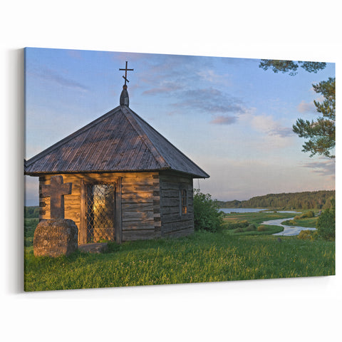 Serene Chapel by the River Wall Art - Rustic Landscape Canvas Print