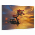 Serene Sunset Glow - Tranquil Lake Wall Art with Vibrant Red Tree