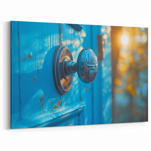 Bright Blue Hardware Wall Art - Rustic Doorknob Canvas Print