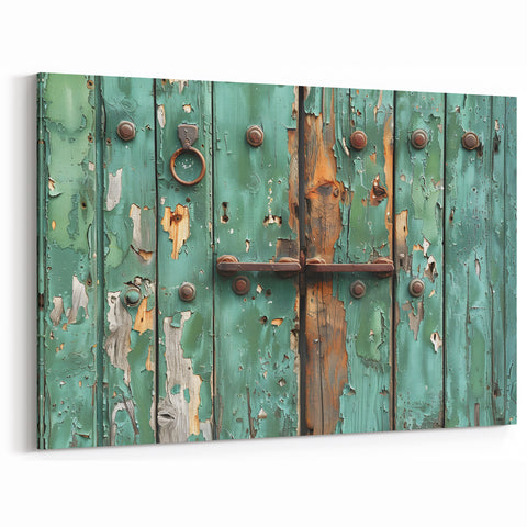 Weathered Green Hardware Wall Art - Rustic Door and Lock Canvas Print