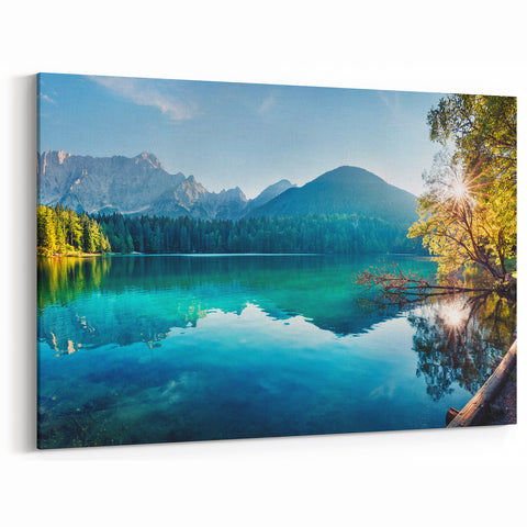 Morning Sun Over Mountain Lake - Scenic Wall Art with Vibrant Reflections