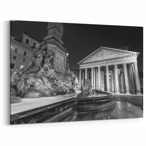 Historic Pantheon Fountain Wall Art - Black and White Canvas Print
